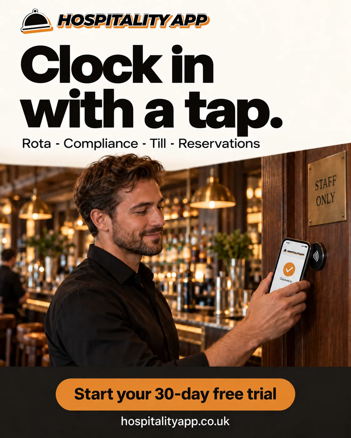 Illustrative scene of a hospitality team member clocking in with a phone