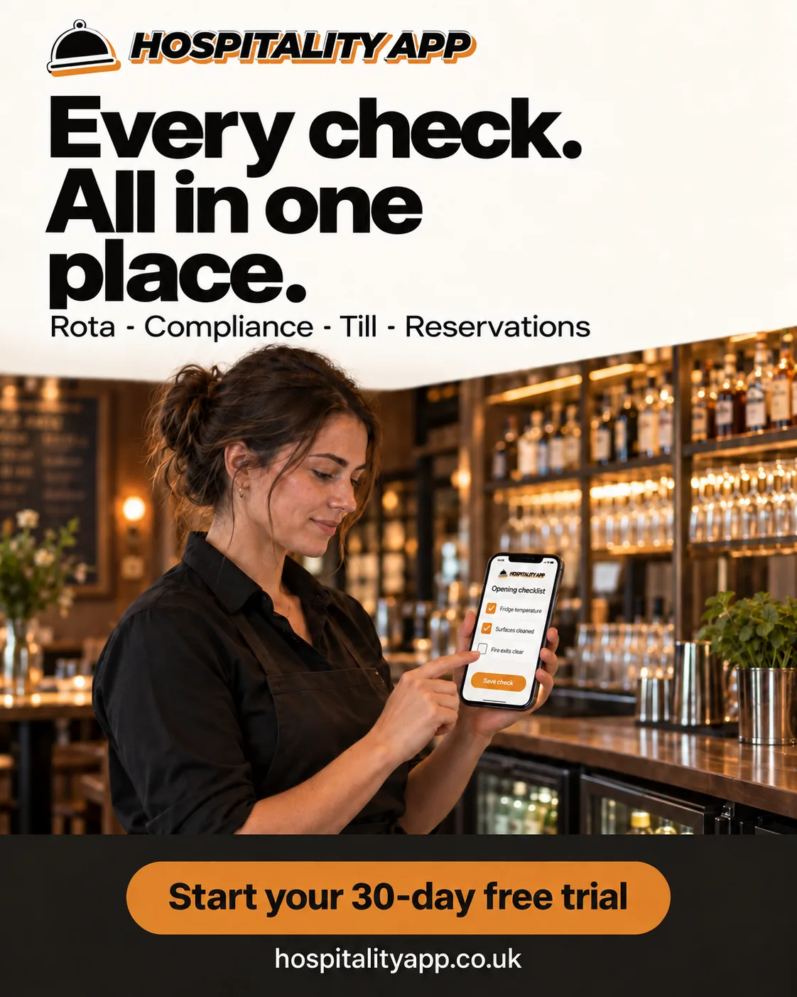 Illustrative scene of a manager completing opening checks on a phone