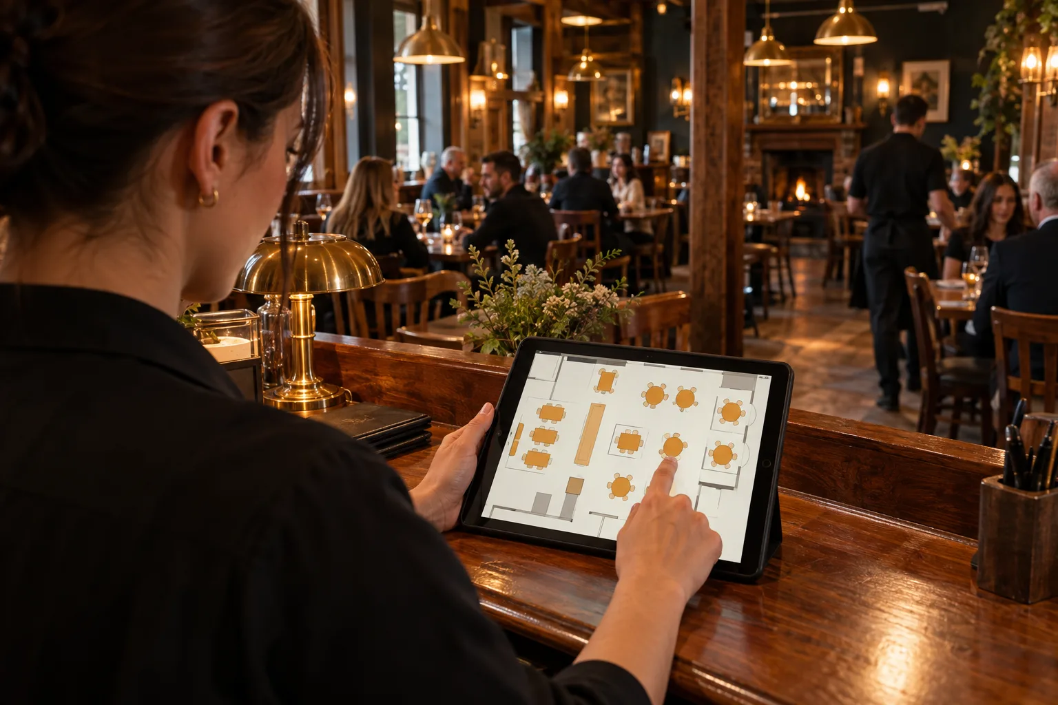 Illustrative scene of a host reviewing a restaurant floor plan on a tablet