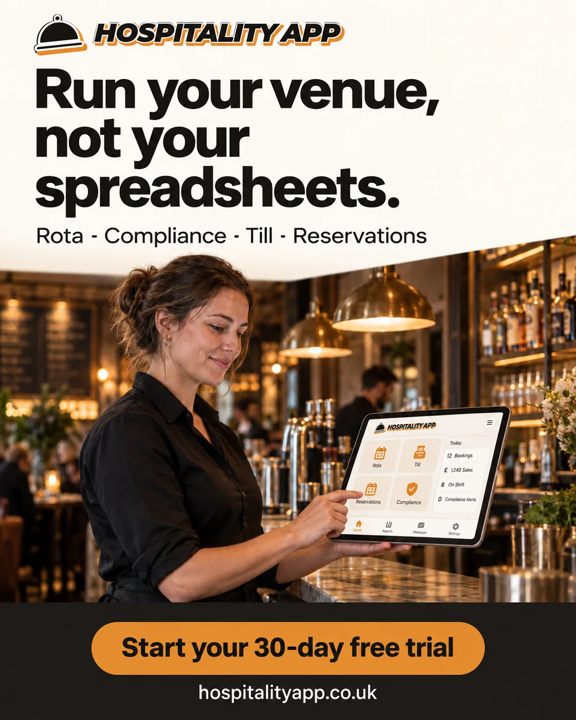 Illustration of a hospitality manager checking a tablet in a warm pub interior