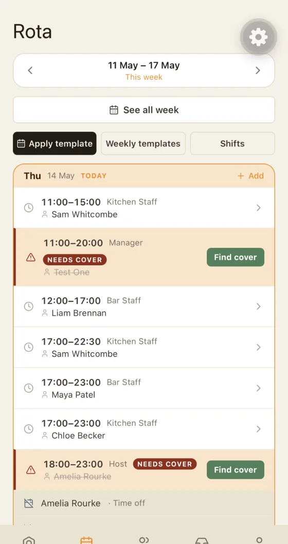 Hospitality App rota showing staff shifts and cover alerts