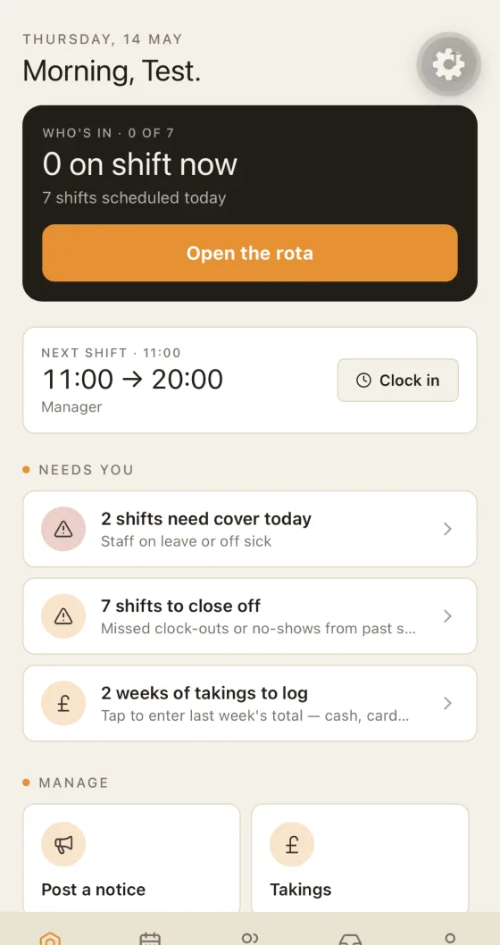 Hospitality App Today screen showing the rota, clock-in and tasks needing attention